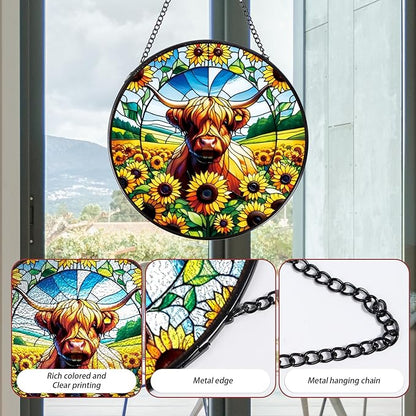 Rngmsi Highland Cow Stained Glass Window Hanging, 7.8" Sunflower Cow Sun Catchers Indoor Window Decor, Suncatchers for Windows Hanging Gifts for Women