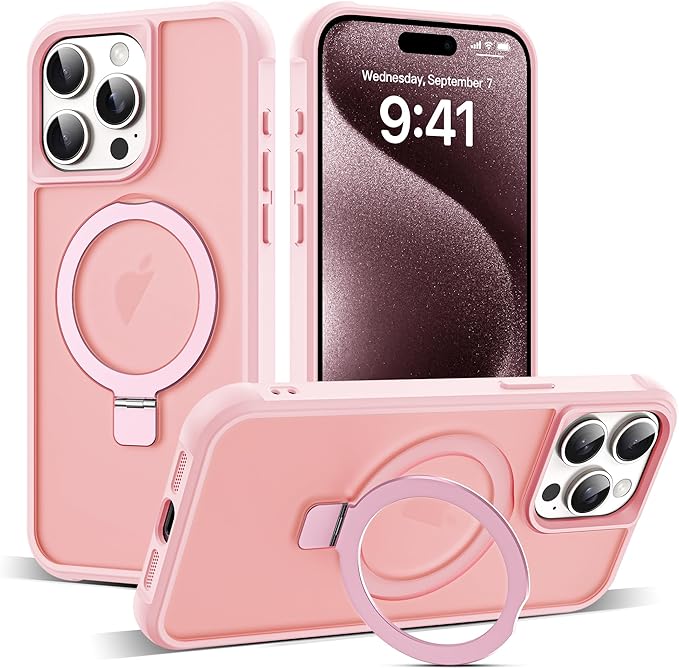 Compatible with iPhone 15 Pro Case with Invisible Magnetic O-Ring Stand Military-Grade Translucent Case for iPhone 15 Pro 6.1" [Compatible with Mag-Safe][Great Grip Feeling], Pink