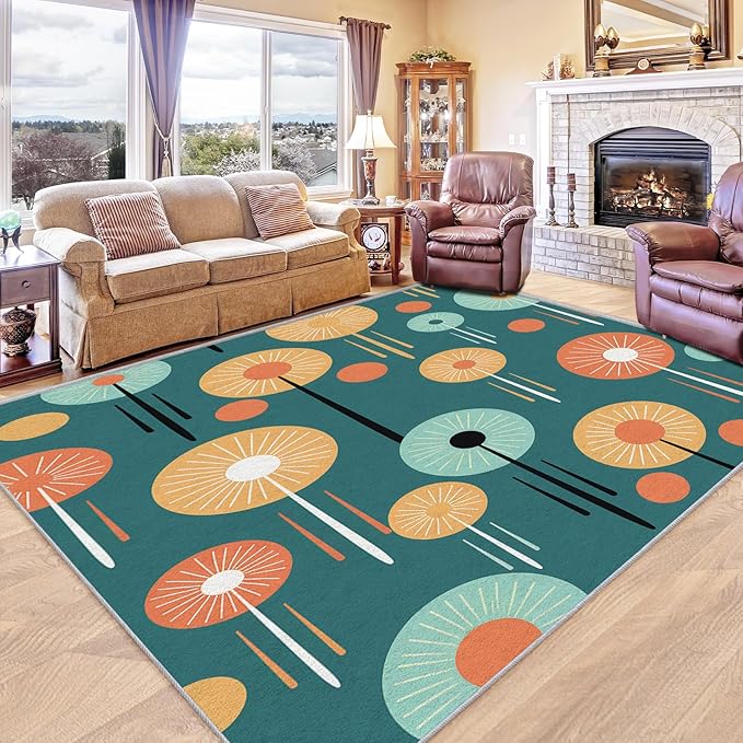 Mid-Century Modern Rug Runner - Retro Mid Century Carpet, 5x8 Rug, Colorful Circle Aesthetic Rug & Home Decor, Contemporary Area Rug & Room Decor, Washable Non Slip Anti Skid Rugs