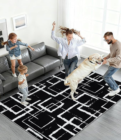 YIHOUSE Black Modern Geometric Area Rug 5x7, Black and White Rug with Abstract Rectangular Patterns,Non-Shedding Washable Rugs for Bedroom, Home Office and Small Living Room