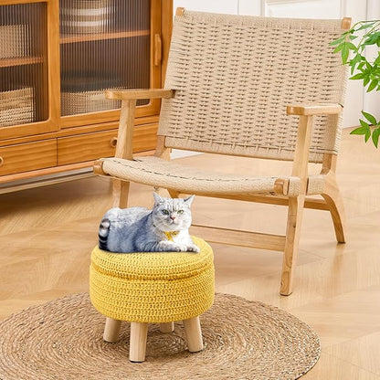 Wimarsbon Pouf Ottoman, 100% Cotton Knitted Boho Footstool, Round Footrest with Non-Skid Wood Legs, Home Décor Handmade Pouffe, Leisure Floor Step Stool for Living Room (Storage Yellow)