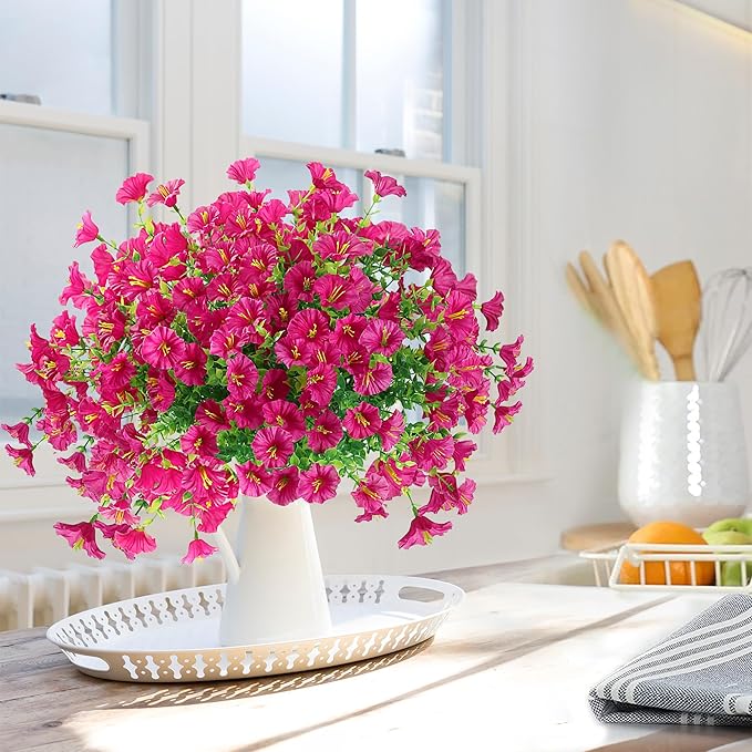 Artificial Flowers for Outdoors 12 Bundles Realistic Faux Plants UV Resistant Fake Silk Morning Glory with Eucalyptus for Front Door Planter Patio Porch Outside Spring Summer Decoration (Magenta)