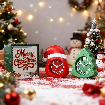 AYRELY® Christmas Alarm Clock Gift Set – 2 Silent Analog Clocks (Santa Hat & Christmas Tree), Ready-to-Gift Holiday Edition for Kids & Family, with Festive Gift Box
