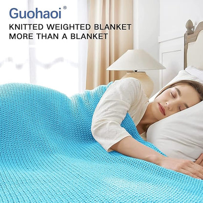 Guohaoi Knitted Weighted Blanket(Blue 60"x80" 20lbs),Home Décor Cooling Throw Blanket for Hot Sleepers,Hand Made Chunky Knit Heavy Blanket for Adults Use on Queen/King Size Bed