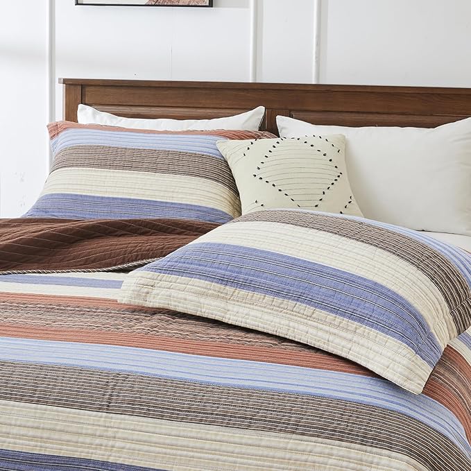 SahSahCasa 100% Cotton 128"x120" Oversized California King Bedspread Coverlet Quilt Set, Cal King Quilted Striped Bedspread Extra Large Reversible XL Bed Spread Lightweight Comforter, Brown