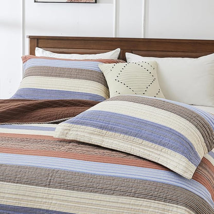 SahSahCasa 100% Cotton 128"x120" Oversized California King Bedspread Coverlet Quilt Set, Cal King Quilted Striped Bedspread Extra Large Reversible XL Bed Spread Lightweight Comforter, Brown
