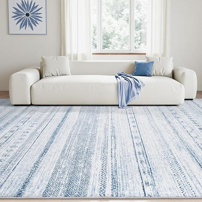 5x7 Area Rugs for Living Room Machine Washable Rug Distressed Indoor Carpet Neutral Moroccan Boho Rug Ultra Soft Area Rug for Bedroom Dining Room Playroom Office, Blue