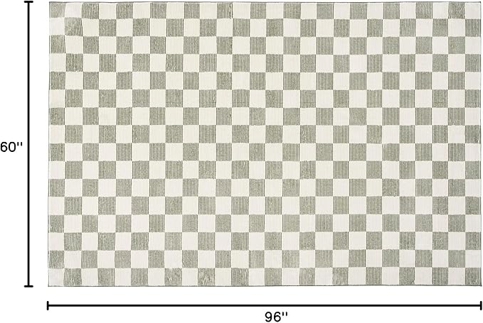Revival Rugs Gambit 5'3"x8' Checkered Rug Washable Area Rug for Living Room Bedroom - 100% Recycled Oeko-TEX Certified, Medium Pile, Green, Beige