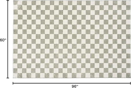 Revival Rugs Gambit 5'3"x8' Checkered Rug Washable Area Rug for Living Room Bedroom - 100% Recycled Oeko-TEX Certified, Medium Pile, Green, Beige