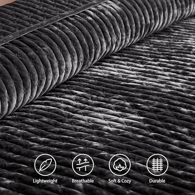 LEAONME Velvet Quilt California King Size 118''x106'', Lightweight Black Velvet Comforter Set with 2 Matching Shams, Soft Cross Stitch Bedspread Coverlet, Oversized King Bedding Set for All Season