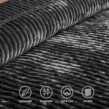 LEAONME Velvet Quilt California King Size 118''x106'', Lightweight Black Velvet Comforter Set with 2 Matching Shams, Soft Cross Stitch Bedspread Coverlet, Oversized King Bedding Set for All Season