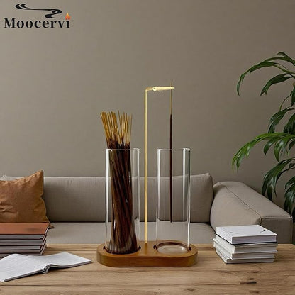 Glass Incense Holder,2 in 1 Incense Sticks Burner Holder with Storage,Hang Upside Down Incense Holder for Sticks with Glass Ash Catcher for Meditation Yoga Spa Room Decor (Brown)