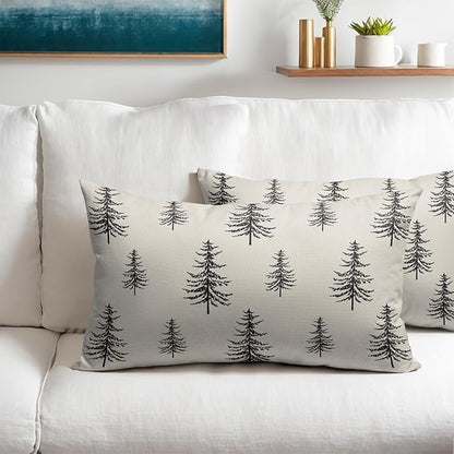 Christmas Tree Lumbar Pillow Covers 12x20 Set of 2 Black Xmas Vintage Winter Print Decorative Outdoor Linen Throw Pillows Cases Cushion Cover Rustic Holiday Decoration Farmhouse Sofa Couch Bed Decor