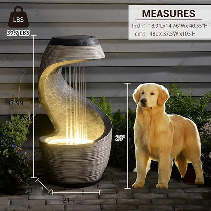 37.9”H Garden Outdoor Water Fountain, Modern Waterfall Fountain Water Feature with Lights for Patio, Backyard & Garden
