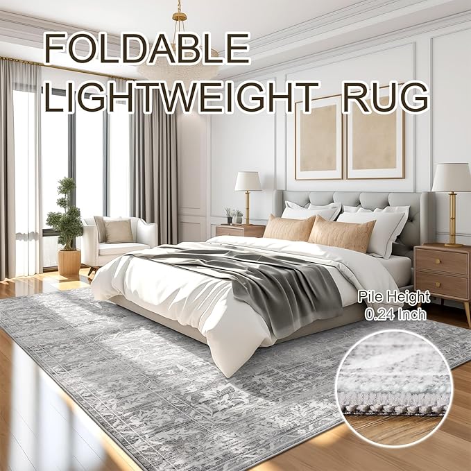 8x10 Area Rugs for Living Room, Stain Resistant Washable Rugs for Dining Room, Kitchen, Floral Vintage Non-Slip Thin Gray Large Area Rug(Grey, 8'x10')