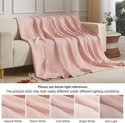 PHF 100% Cotton Waffle & Muslin Blanket King Size, Soft Breathable Luxury 400GSM Versatile Reversible Bedding for Bed, Great for Layering in Cold Weather, Home Decor Gift, 104" x 90", Rose Smoke