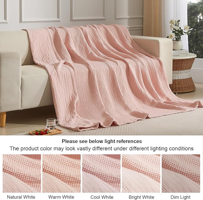 PHF 100% Cotton Waffle & Muslin Blanket Twin Size, Soft Breathable Luxury 400GSM Versatile Reversible Bedding for Bed, Great for Layering in Cold Weather, Home Decor Gift, 66" x 90", Rose Smoke