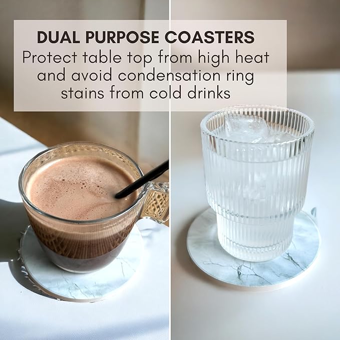 Ceramic Absorbent Coasters Set of 6 with Holder, Marble Drink Coasters for Coffee Table, Water Absorbing Coaster (Porcelain)
