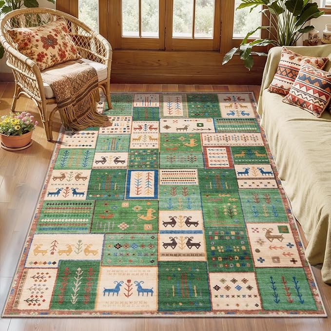 Tangsoo 3x5 Washable Rug, Vintage Throw Rugs Non Slip, Soft Low Pile Floor Rug Tribal Indoor Area Rugs Carpet for Living Room Bedroom Office Laundry Bedside Entrance Entryway Farmhouse(Green Beige)