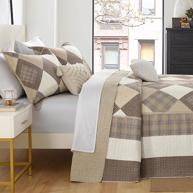 Oversized King Bedspread Quilt 120" x 120", 100% Cotton Lightweight Quilted Bed Spreads Coverlet Set Farmhouse Bedding Cover, 3 Piece, Brown/Beige/Khaki