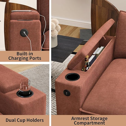 115" L Shaped Cloud Sofa Couch with Ottoman, Storage Armrest, Cup Holders, USB & Type-C Ports, Spring Cushions, Solid Wood Frame, Chenille Modular Sectional for Living Room (Coffee-L-115.2")