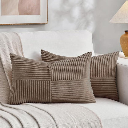 Fancy Homi Set of 2, Light Brown Patchwork Corduroy Decorative Soft Striped Modern Accent Cushion Case Farmhouse Boho Neutral Throw Pillow Covers for Chair Couch Bed Sofa Living Room 28x16 Inch