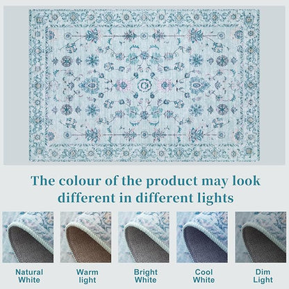 Tangsoo Floral Small Rug 2x3 Washable Rug for Entryways Vintage Non-Slip Area Rugs Light Blue Entry Rugs Distressed Floor Carpet Soft Low Pile Door Mat for Entrance Bedroom Kitchen Foyer Decor