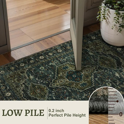 Tangsoo 2.6x8 Washable Runner Rug for Hallways, Non Slip Vintage Runner Rug, Soft Low Pile Long Rug Runner, Print Distressed Green Carpet Runners for Kitchen Bedroom Entryway Bathroom Living Room