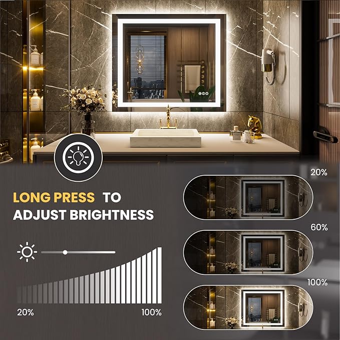 LOAAO 44"X36" LED Mirror for Bathroom, Lighted Bathroom Mirror with Lights, Anti-Fog, Dimmable, Memory Function, Easy to Install, Clear Reflection