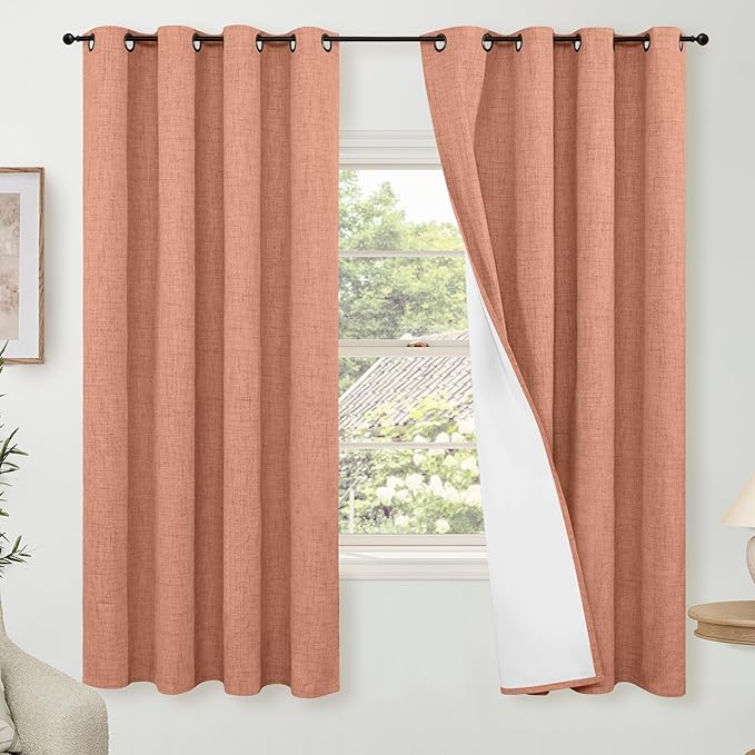 Lajode Terracotta 100% Linen Blackout Curtains for Living Room 63 Inch Long 2 Panels, Thermal Insulated Noise Reducing Window Total Black Out Fall Curtains for Bedroom, Each 52x63 Inch 2 Panels