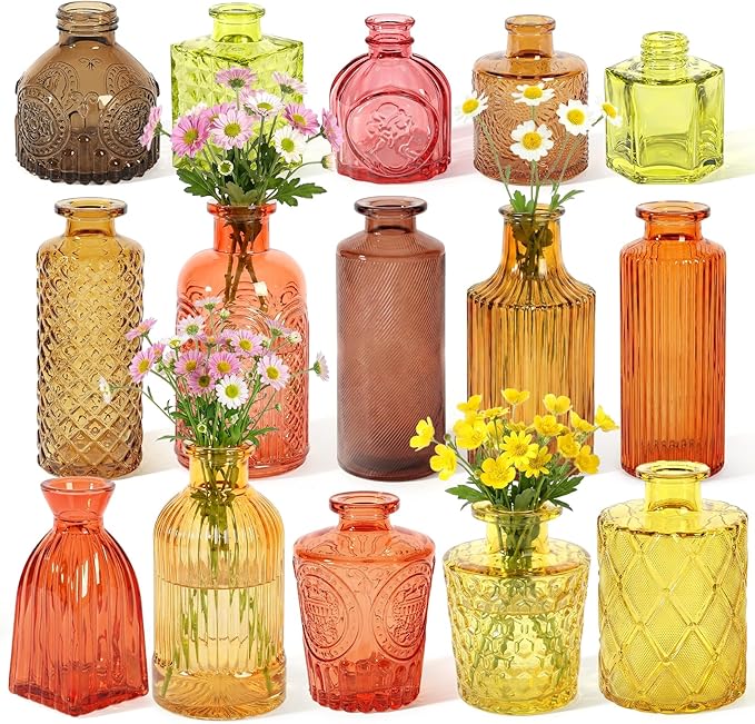 Set of 15 Gold Colored Glass Bud Vases - Small Textured Flower Vases for Centerpieces, Wedding Table Decor, Retro Home Decor Bulk Vase Set for DIY, Events & Gifts
