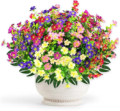 Artificial Faux Plants Flowers Outdoor Decoration,16 Bundles Fake Silk Colorful Daisy Eucalyptus Realistic UV Resistant for Outside Home Planter Porch Patio Yard Decor (red, white, pink,purple, green)