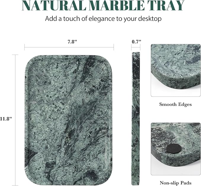Koville Marble Tray, 12"x8" Natural Marble Vanity Tray for Countertop Bathroom Kitchen Dresser, Decorative Marble Catchall Trays for Perfume Jewelry, Rectangular Stone Serving Tray(Green)