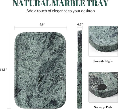 Koville Marble Tray, 12"x8" Natural Marble Vanity Tray for Countertop Bathroom Kitchen Dresser, Decorative Marble Catchall Trays for Perfume Jewelry, Rectangular Stone Serving Tray(Green)