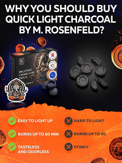 Charcoal Discs to Burn Incense - 60 pcs Charcoal for Incense Burning - 33 mm Most Quick Light Coals Tablets by M. ROSENFELD - 33 mm Resin Burner Rolls – Pack of 60 Instant Fire Coal Tablets