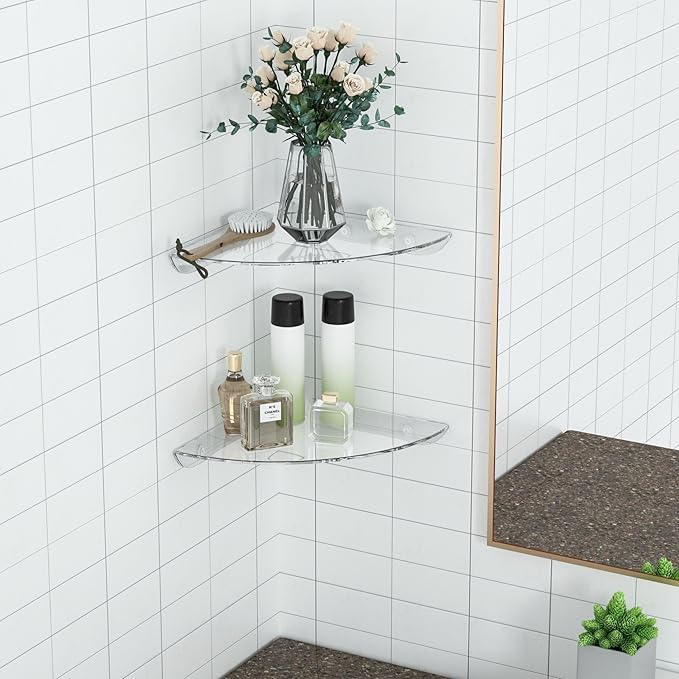 Sezanrpt 9.5x9.5 Inch Acrylic Corner Floating Shelf Set of 2, Clear Corner Wall Shelf for Home Décor, Speakers, Security Cameras, Toileries, Plants, Figures, Cosmetics, Books