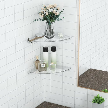 Sezanrpt 9.5x9.5 Inch Acrylic Corner Floating Shelf Set of 2, Clear Corner Wall Shelf for Home Décor, Speakers, Security Cameras, Toileries, Plants, Figures, Cosmetics, Books