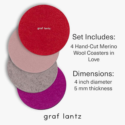 Graf Lantz - Bierfilzl Merino Wool Round Coasters Set of 4 - Love (4" Circles) - Absorbs 30% of Weight - German Wool - Heat Resistant, Sustainable, & Reusable - Home Decor & Coffee Table Decor