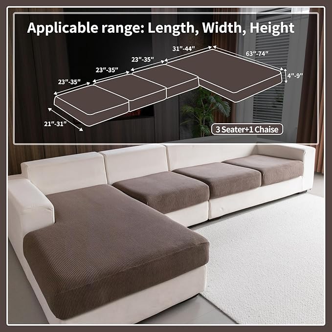 Sectional Couch Covers, Wear Resistant Stretch Sofa Covers Washable Soft Couch Cushion Covers Anti Slip Furniture Protector Sofa Slipcovers for Pets(4 Pieces 3 Seaters+1 Chaise, Brown)