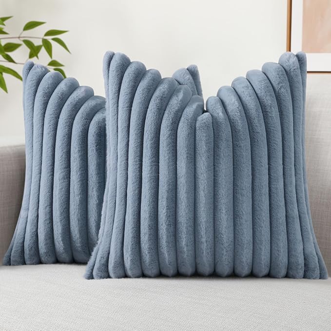 decorUhome Faux Fur Spring Throw Pillow Covers 22x22 Set of 2, Decorative Soft Plush Striped Neutral Couch Euro Sham Pillow Covers with Velvet Back for Sofa, Bed, Living Room Home, Grey Blue