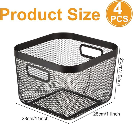 4 Pack Metal Mesh Steel Basket with Hollow Handles Square Wire Mesh Open Bin Fruit Storage Basket for Kitchen Bathroom Picnic Shopping Cabinet Home Items (Large,Black)