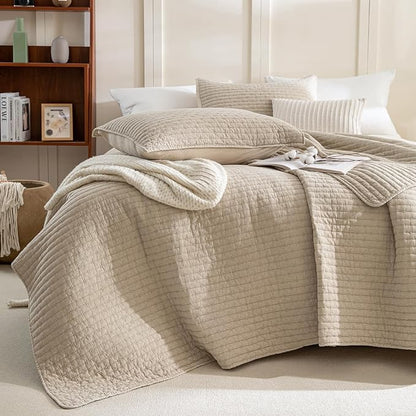 Sanracie Stonewashed Cotton Coverlet Queen Size(90"x98"), Ultra Soft Dark Wheat Color Crinkle Quilt Bedding Set 3Pcs Cross Stitch Pattern Lightweight Breathable Bedspread Set for All Season