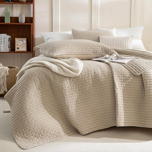 Sanracie Stonewashed Oversized Queen Quilt(102"x118"), Cotton Dark Wheat Color Cross Stitch Pattern Quilt Set 3Pcs Ultra Soft Lightweight Crinkle Bed Coverlet Set for All Season