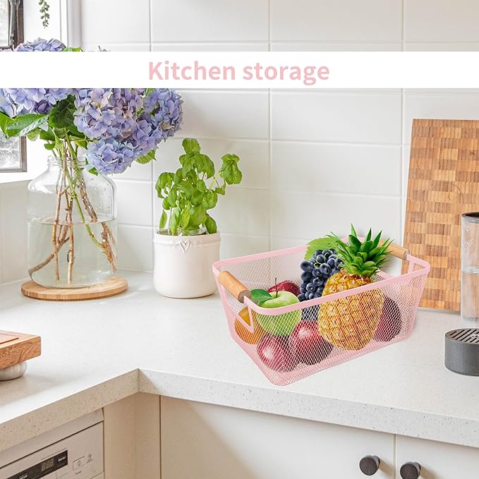PTSGCAI 2Pack Metal Mesh Steel Basket with Bamboo Handle - Wire Metal Basket for Kitchen Organization, 12" Wide Food Organizer Bin, Perfect for Organizing Bulk Pantry (PINK)