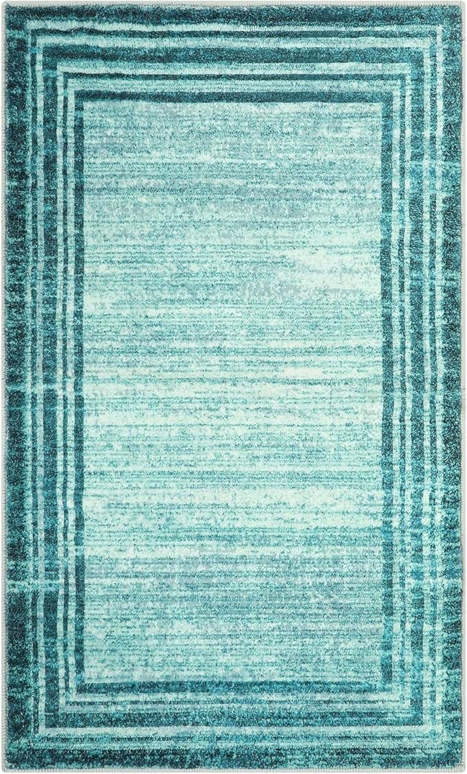 Lahome Modern Abstract Area Rug, Washable Teal 3x5 Kitchen Rugs Non Slip Large Entryway Rug Indoor, Low-Pile Soft Bathroom Mat Minimalist Throw Rug for Bedroom Living Room Stain Resistance