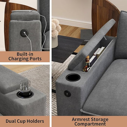 148.7" L Shaped Cloud Sofa Couch with Ottoman, Storage Armrest, Cup Holders, USB & Type-C Ports, Spring Cushions, Solid Wood Frame, Chenille Modular Sectional for Living Room (Dark Gray-L-148.7")