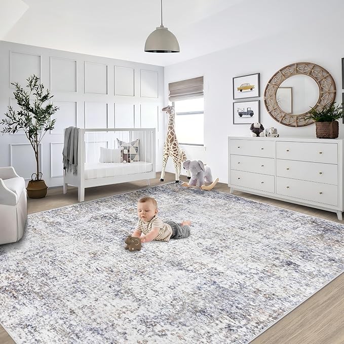 9x12 Area Rugs for Living Room, Washable Modern Abstract Large Area Rug Neutral Soft Non Slip Kids Rug Stain Resistant Indoor Carpet for Bedroom Dining Room Playroom Home Office(Blue Grey, 9'x12')