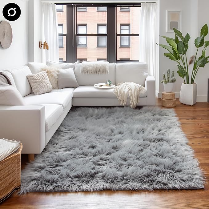 Gray Faux Fur Shaggy Rug - Oversized 6ft x 9ft Super Soft Living Room Carpet - Gray Decor for Bedroom