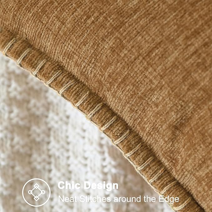 CaliTime Throw Pillow Covers Decorative 22 X 22 Inches Pack of 2 Cotton Thread Stitching Edges Solid Dyed Soft Chenille Cushion Cases for Couch Sofa Bed Living Room Farmhouse Apricot Brown
