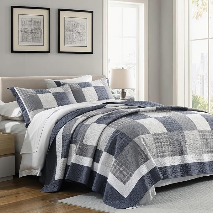 100% Cotton Quilts King Size, King Quilt Bedding Set Bedspread, Patchwork Plaid Quilt for King Bed, 3 Pieces Farmhouse Reversible Lightweight Comforter Bed Spread, Blue/Beige/White